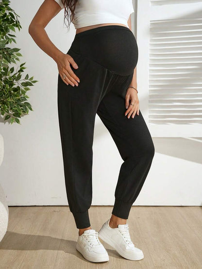 Maternity Jogger Pants - Drawstring Waist, Striped, High Stretch, Black