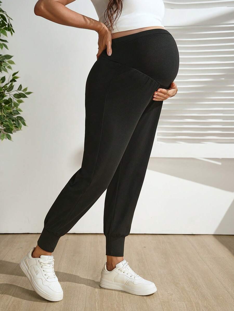 Maternity Jogger Pants - Drawstring Waist, Striped, High Stretch, Black