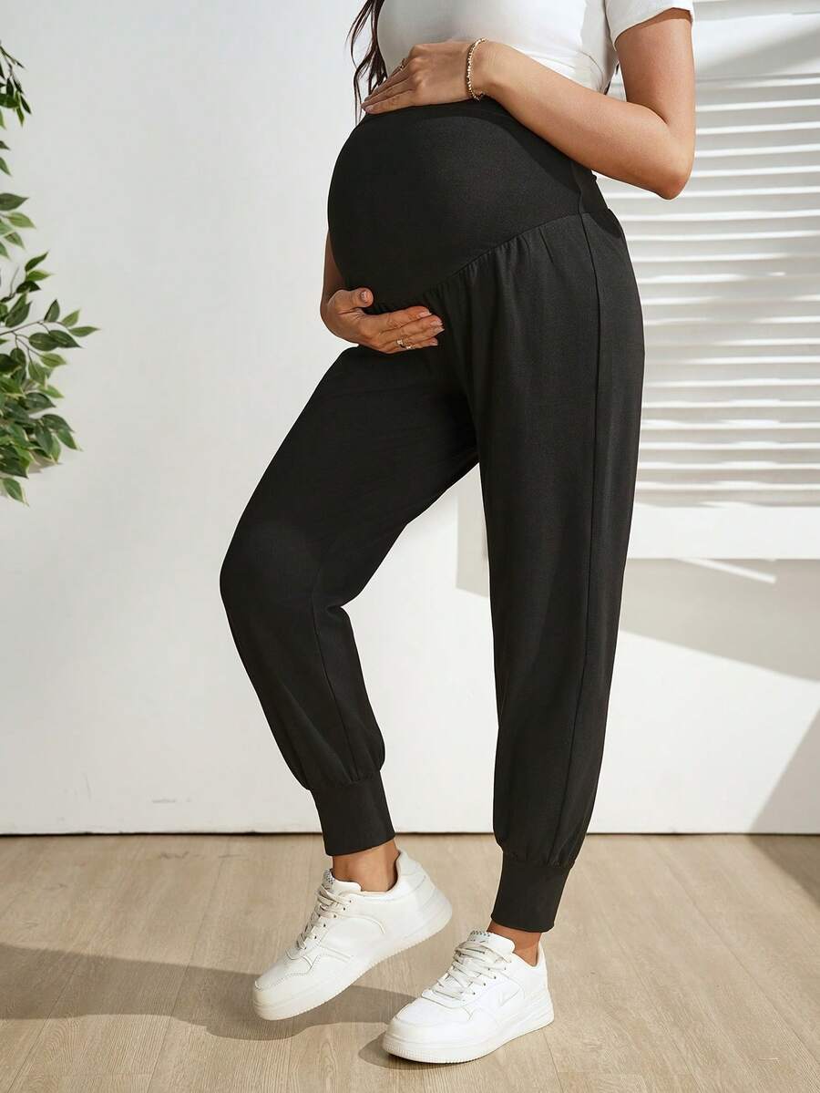 Maternity Jogger Pants - Drawstring Waist, Striped, High Stretch, Black