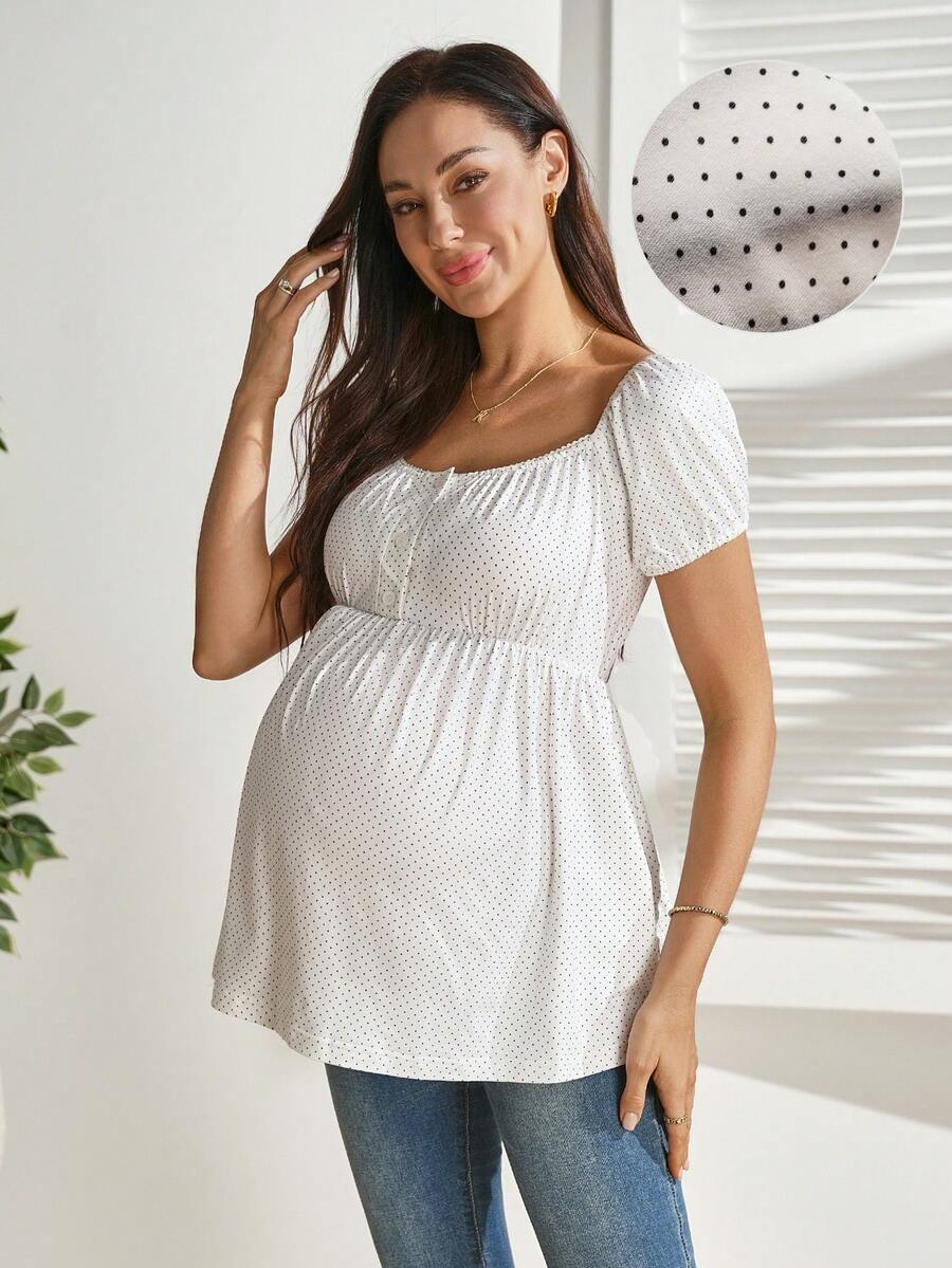 White Polka Dot Short Sleeve Nursing Top – Slim Fit Button-Front Maternity Blouse with Square Neck & Puff Sleeves – Medium Stretch Knitted Crop Top
