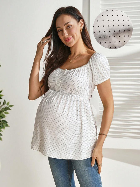 White Polka Dot Short Sleeve Nursing Top – Slim Fit Button-Front Maternity Blouse with Square Neck & Puff Sleeves – Medium Stretch Knitted Crop Top