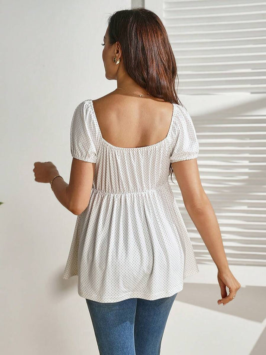 White Polka Dot Short Sleeve Nursing Top – Slim Fit Button-Front Maternity Blouse with Square Neck & Puff Sleeves – Medium Stretch Knitted Crop Top