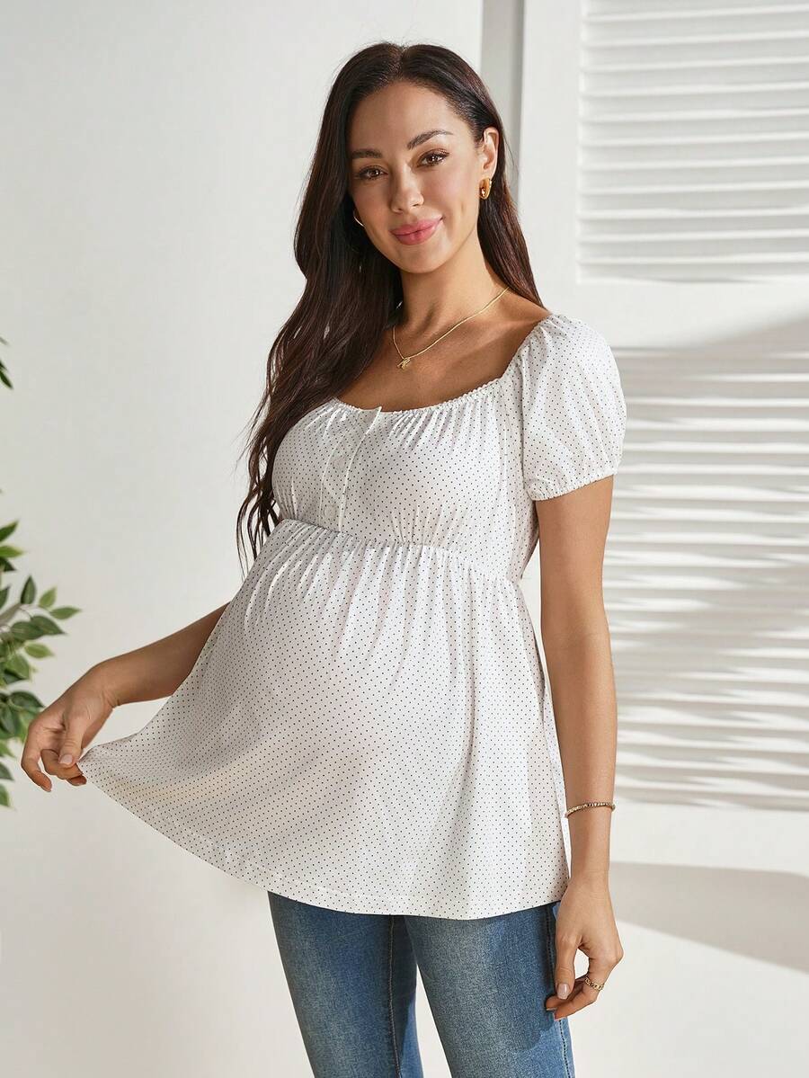 White Polka Dot Short Sleeve Nursing Top – Slim Fit Button-Front Maternity Blouse with Square Neck & Puff Sleeves – Medium Stretch Knitted Crop Top