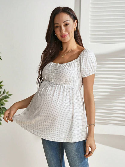 White Polka Dot Short Sleeve Nursing Top – Slim Fit Button-Front Maternity Blouse with Square Neck & Puff Sleeves – Medium Stretch Knitted Crop Top