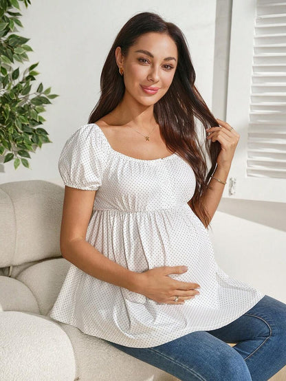 White Polka Dot Short Sleeve Nursing Top – Slim Fit Button-Front Maternity Blouse with Square Neck & Puff Sleeves – Medium Stretch Knitted Crop Top