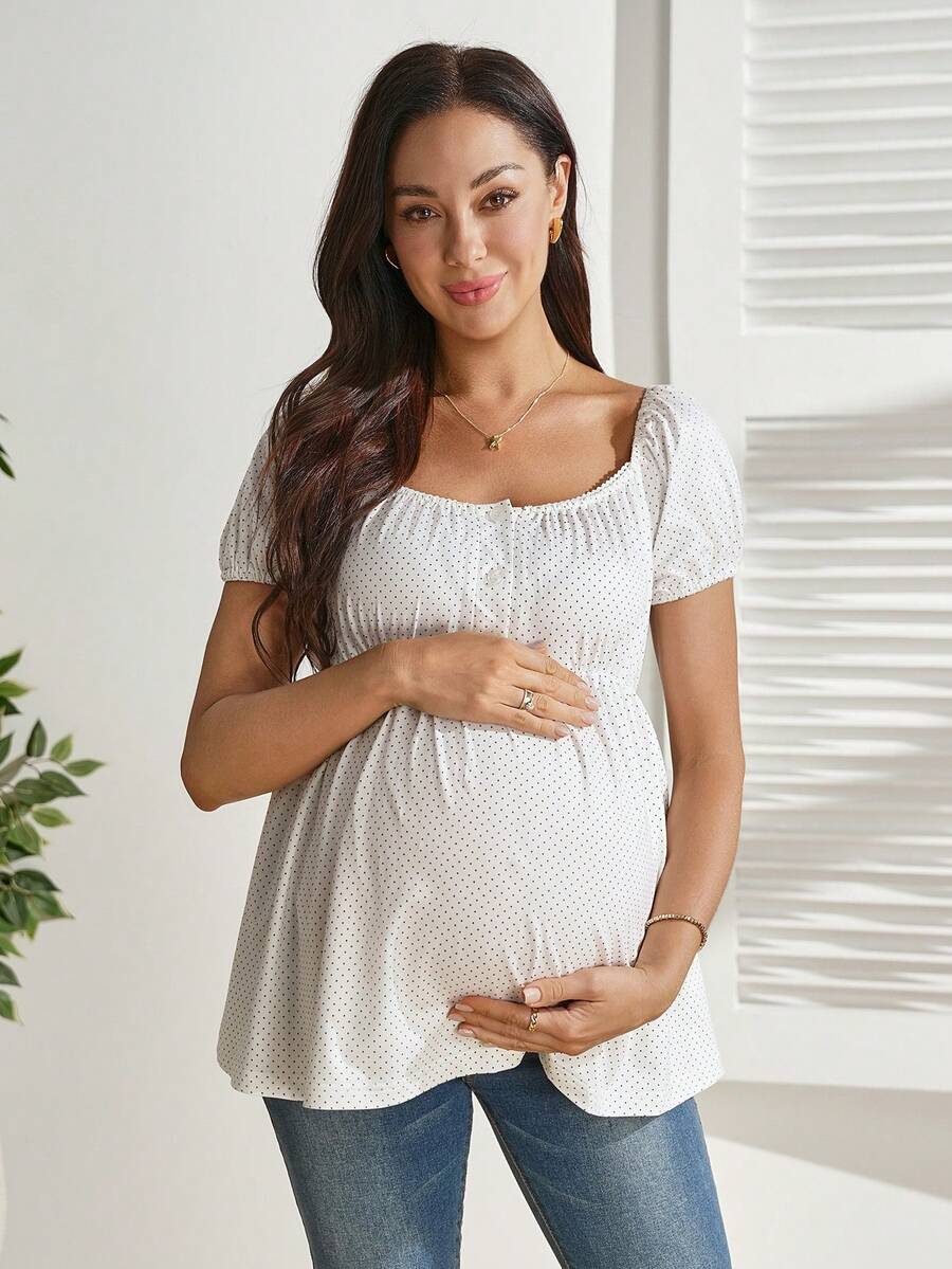 White Polka Dot Short Sleeve Nursing Top – Slim Fit Button-Front Maternity Blouse with Square Neck & Puff Sleeves – Medium Stretch Knitted Crop Top