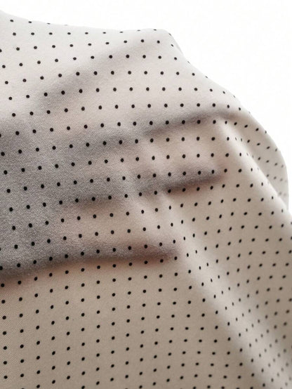 White Polka Dot Short Sleeve Nursing Top – Slim Fit Button-Front Maternity Blouse with Square Neck & Puff Sleeves – Medium Stretch Knitted Crop Top