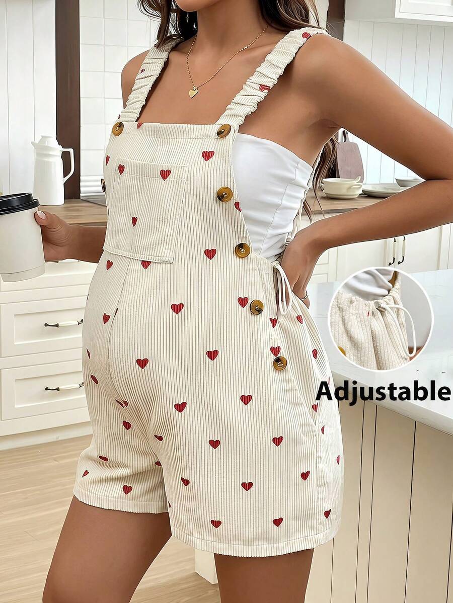 Apricot Heart Graphic Pocket Maternity Romper – Sleeveless Round Neck High Waist Corduroy Beach Overalls Casual Summer Vacation Outfit