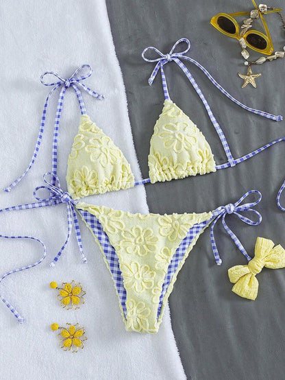 Womens Fashionable Sweet Shoulder Tie Side Bow Bikini Swimwear Removable Padded Two Piece Swimsuit Set