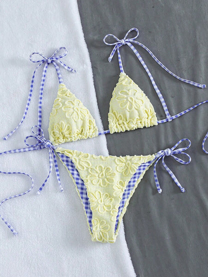 Womens Fashionable Sweet Shoulder Tie Side Bow Bikini Swimwear Removable Padded Two Piece Swimsuit Set