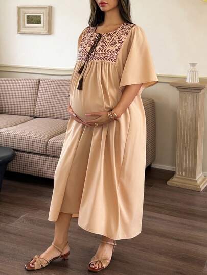 Elegant Maternity Tie-Up Ruffle Sleeve Dress – Long Length Spring & Summer Pregnancy Sundress for Women