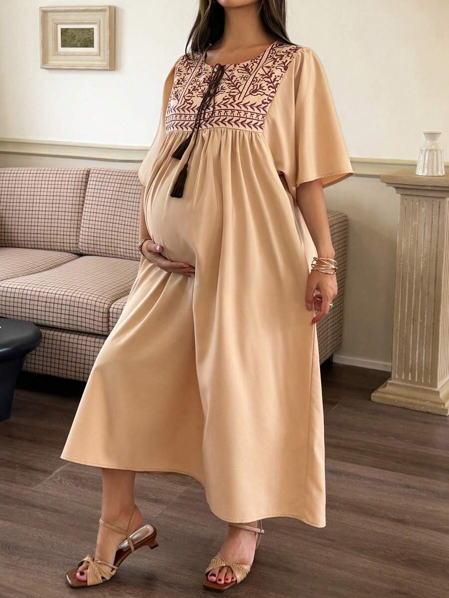 Elegant Maternity Tie-Up Ruffle Sleeve Dress – Long Length Spring & Summer Pregnancy Sundress for Women