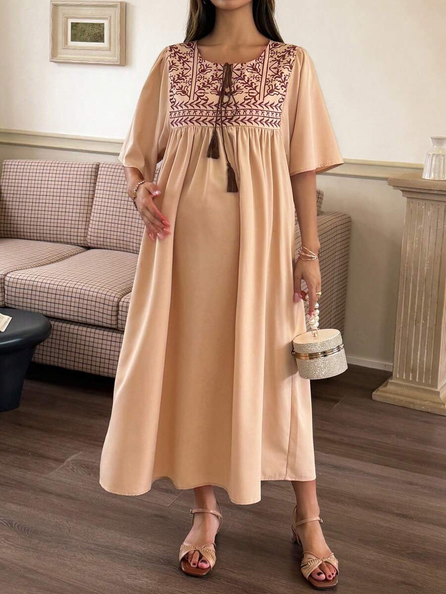 Elegant Maternity Tie-Up Ruffle Sleeve Dress – Long Length Spring & Summer Pregnancy Sundress for Women