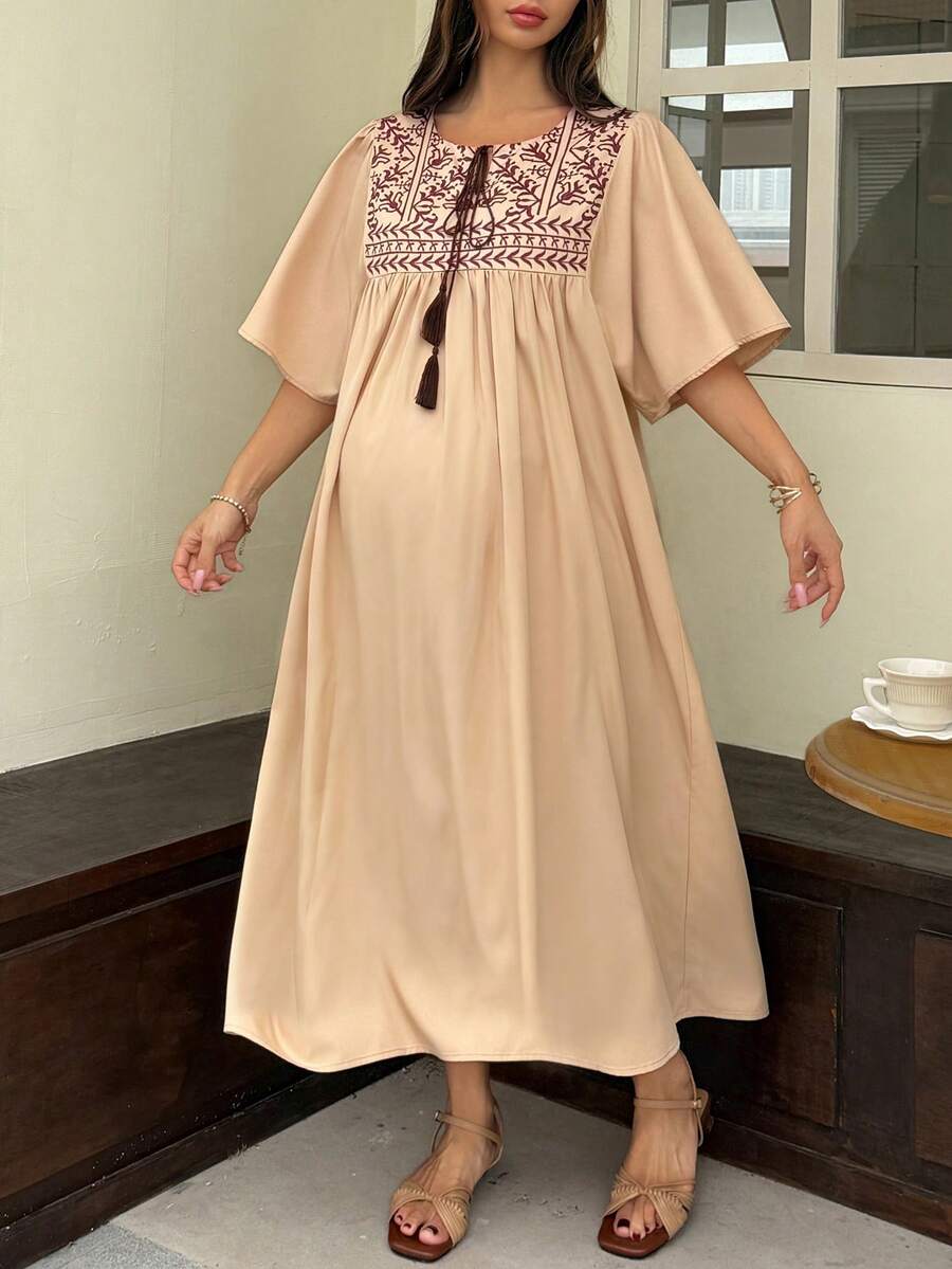 Elegant Maternity Tie-Up Ruffle Sleeve Dress – Long Length Spring & Summer Pregnancy Sundress for Women