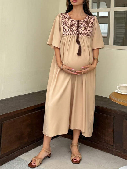 Elegant Maternity Tie-Up Ruffle Sleeve Dress – Long Length Spring & Summer Pregnancy Sundress for Women