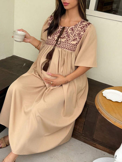 Elegant Maternity Tie-Up Ruffle Sleeve Dress – Long Length Spring & Summer Pregnancy Sundress for Women
