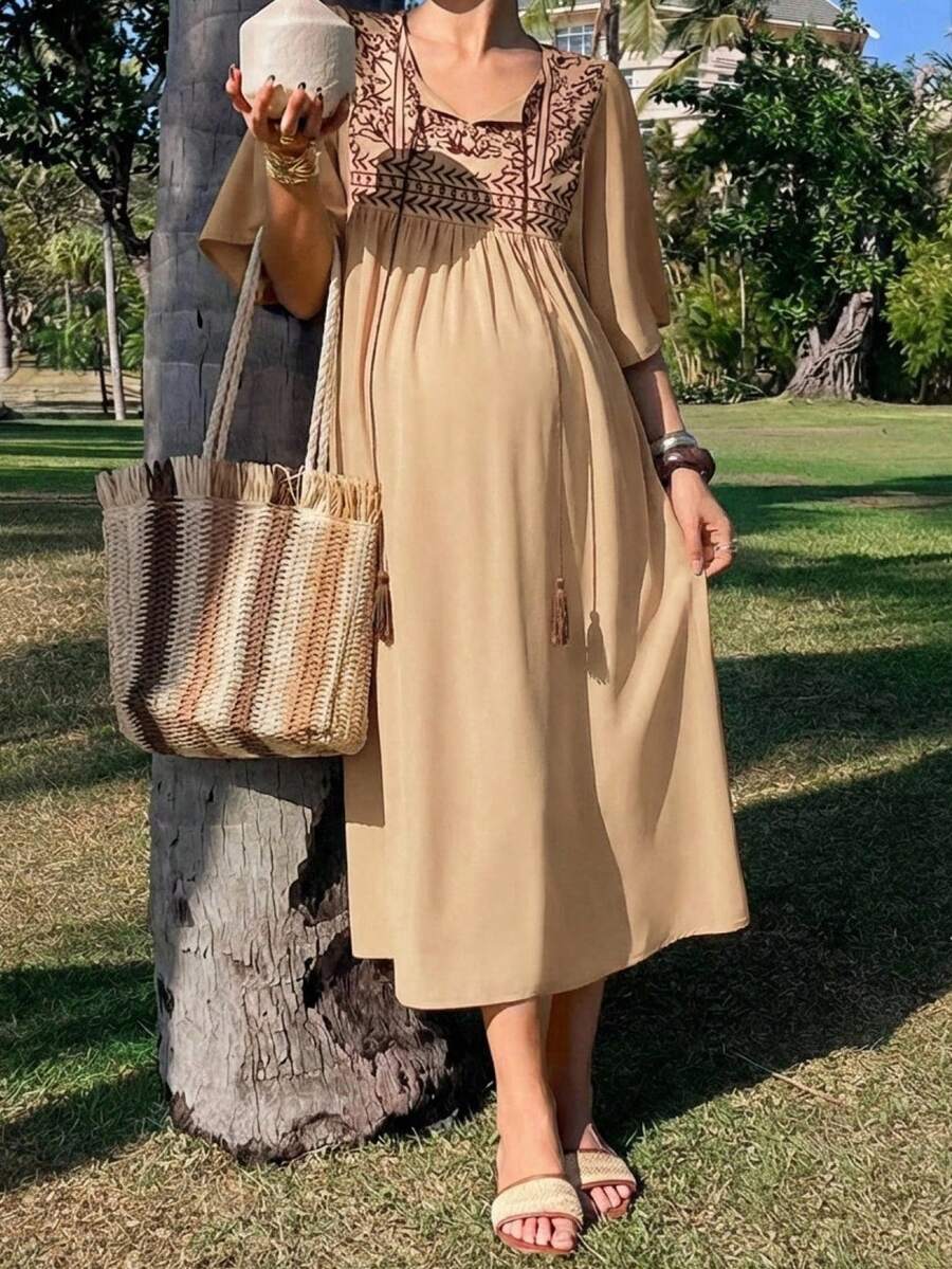 Elegant Maternity Tie-Up Ruffle Sleeve Dress – Long Length Spring & Summer Pregnancy Sundress for Women