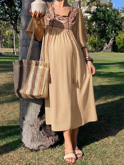 Elegant Maternity Tie-Up Ruffle Sleeve Dress – Long Length Spring & Summer Pregnancy Sundress for Women