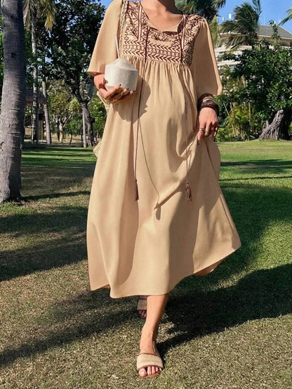 Elegant Maternity Tie-Up Ruffle Sleeve Dress – Long Length Spring & Summer Pregnancy Sundress for Women