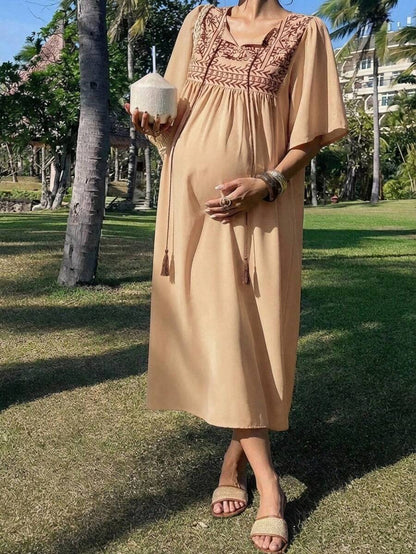 Elegant Maternity Tie-Up Ruffle Sleeve Dress – Long Length Spring & Summer Pregnancy Sundress for Women