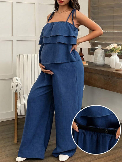 Maternity 2 Piece Set - Ruffle Strap Camisole and Wide Leg Pants, Blue