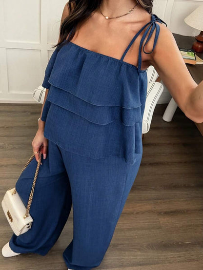 Maternity 2 Piece Set - Ruffle Strap Camisole and Wide Leg Pants, Blue