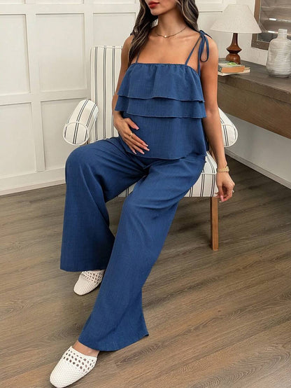Maternity 2 Piece Set - Ruffle Strap Camisole and Wide Leg Pants, Blue