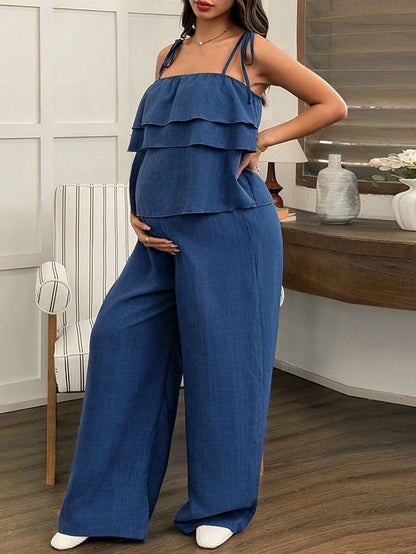 Maternity 2 Piece Set - Ruffle Strap Camisole and Wide Leg Pants, Blue