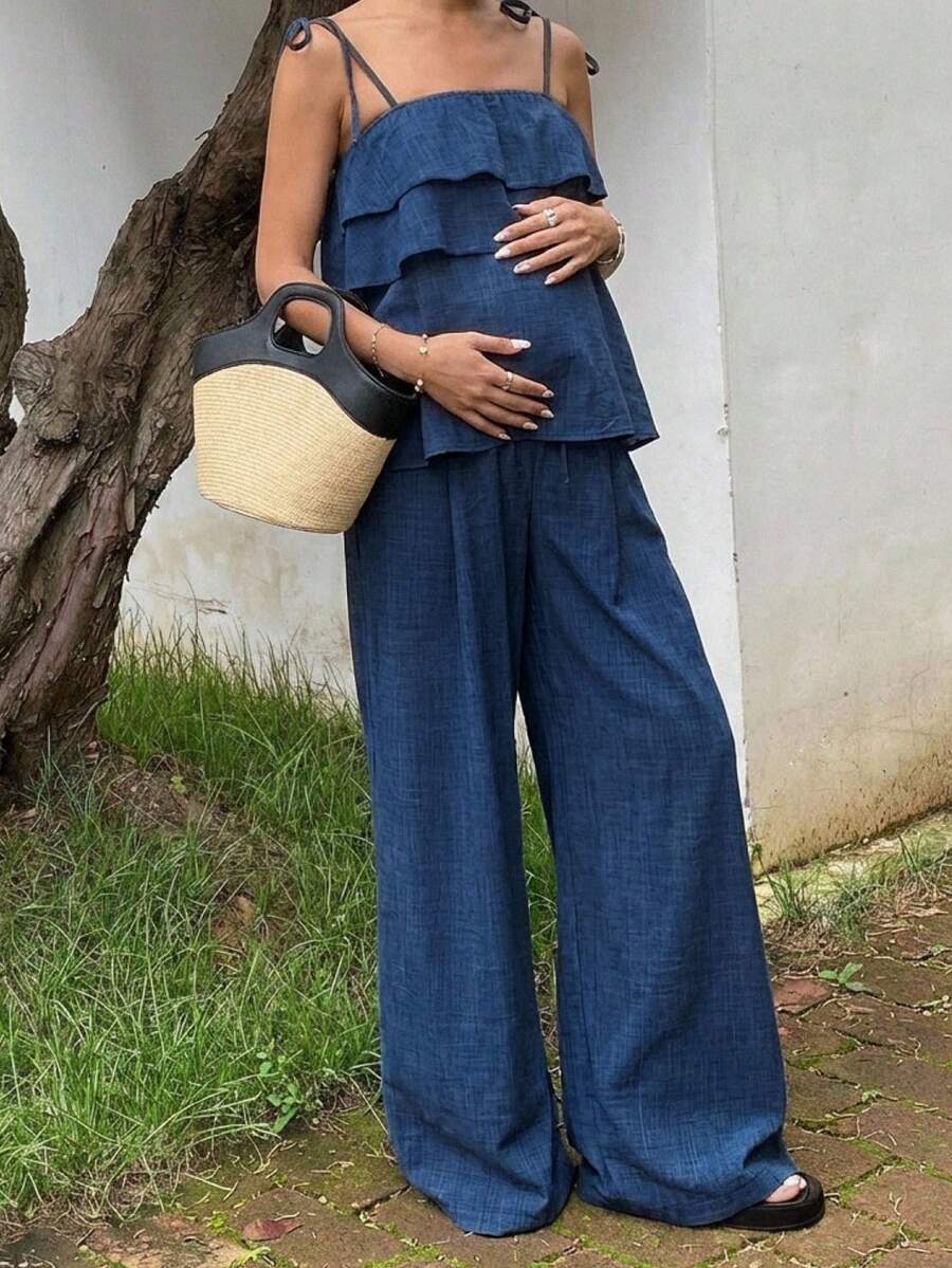 Maternity 2 Piece Set - Ruffle Strap Camisole and Wide Leg Pants, Blue