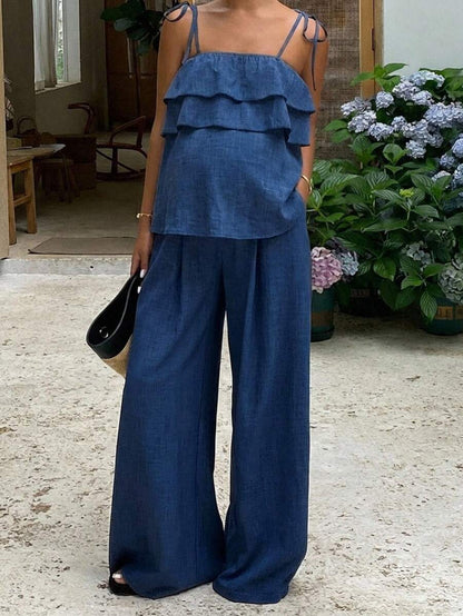 Maternity 2 Piece Set - Ruffle Strap Camisole and Wide Leg Pants, Blue