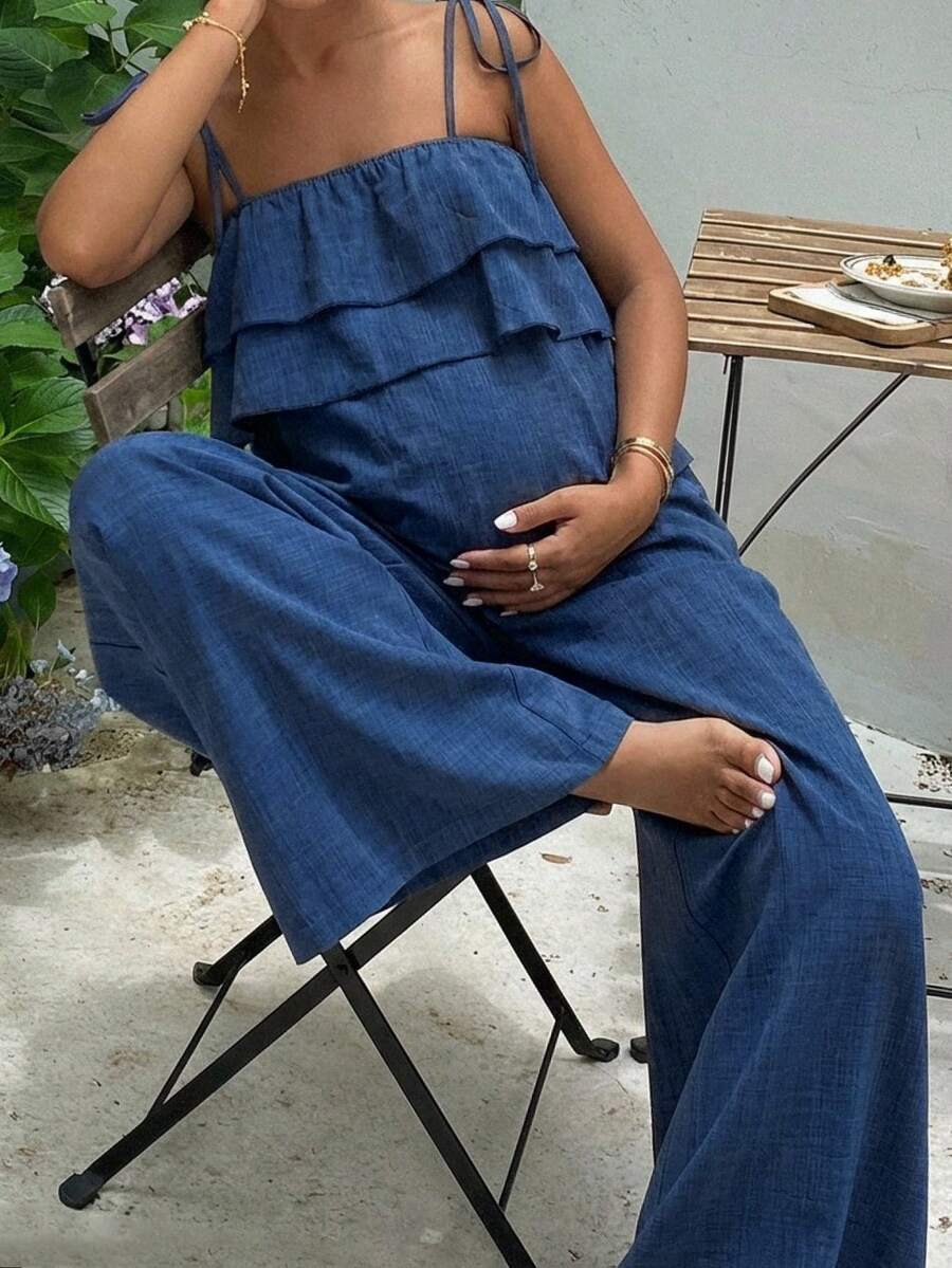 Maternity 2 Piece Set - Ruffle Strap Camisole and Wide Leg Pants, Blue
