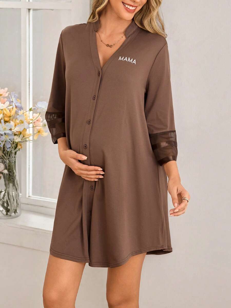 Maternity Dress - Chiffon Patchwork Half Sleeve Loose Fit Notched Neck Casual, Pregnancy Loungewear