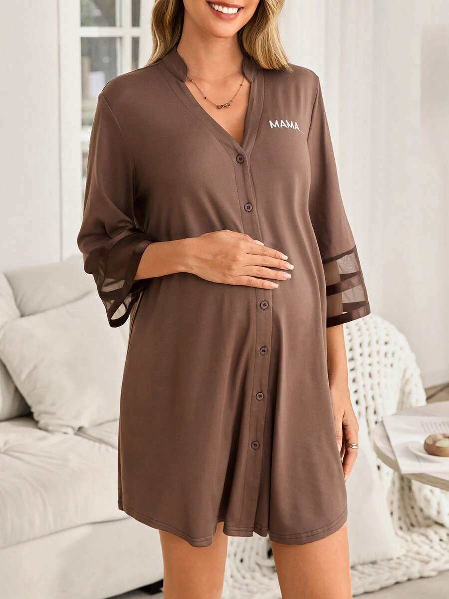 Maternity Dress - Chiffon Patchwork Half Sleeve Loose Fit Notched Neck Casual, Pregnancy Loungewear