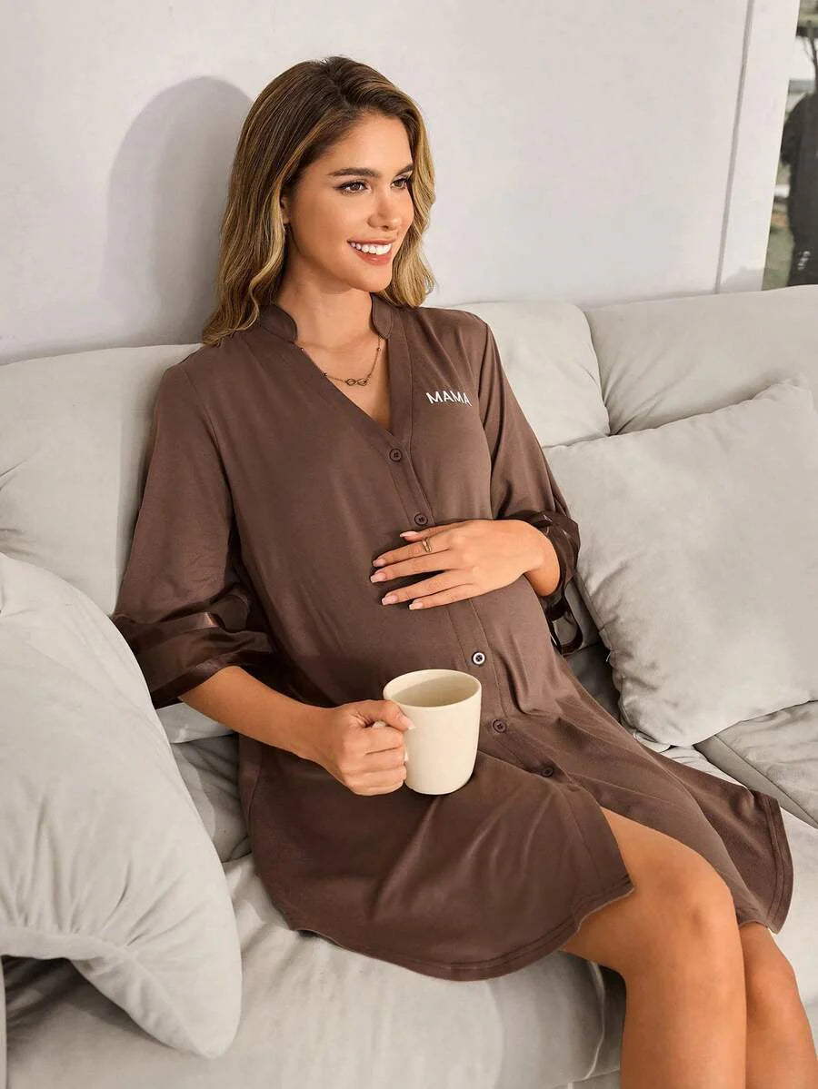 Maternity Dress - Chiffon Patchwork Half Sleeve Loose Fit Notched Neck Casual, Pregnancy Loungewear