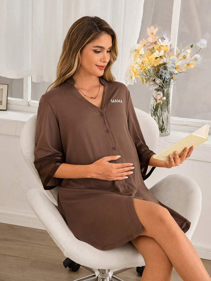 Maternity Dress - Chiffon Patchwork Half Sleeve Loose Fit Notched Neck Casual, Pregnancy Loungewear