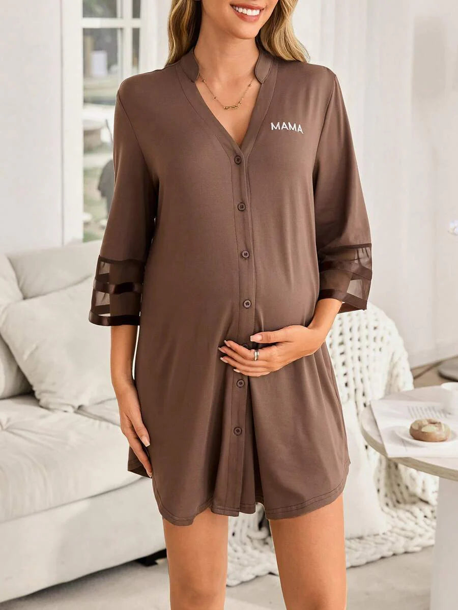 Maternity Dress - Chiffon Patchwork Half Sleeve Loose Fit Notched Neck Casual, Pregnancy Loungewear