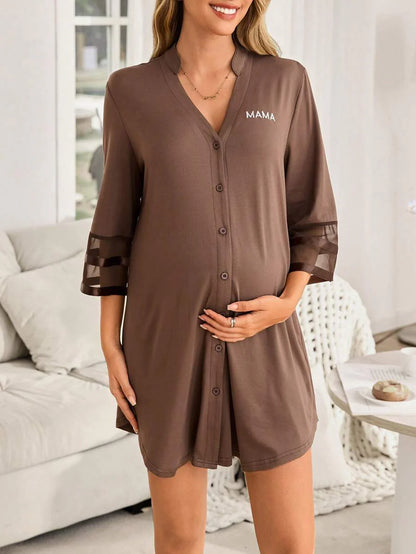 Maternity Dress - Chiffon Patchwork Half Sleeve Loose Fit Notched Neck Casual, Pregnancy Loungewear