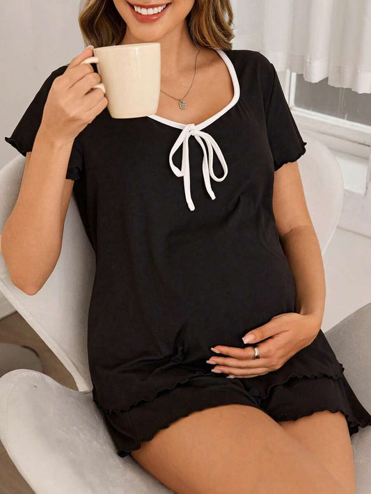 Maternity Lounge Set - Contrast Color Collar Tie Short Sleeve Top and Shorts Soft, Pregnancy