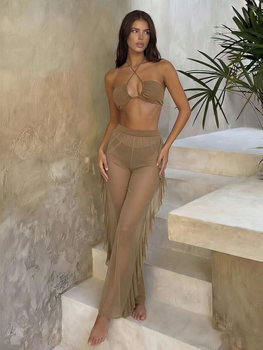 Swim Vcay 3pcs Set New Navy Blue Spring/Summer Halter Backless Crop Top, Trousers And Ruffle Hem Mesh Beach Pants Casual Vacation Bikini Swimwear For Women
