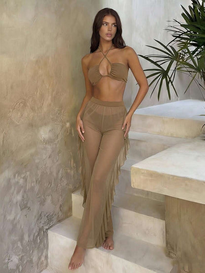 Swim Vcay 3pcs Set New Navy Blue Spring/Summer Halter Backless Crop Top, Trousers And Ruffle Hem Mesh Beach Pants Casual Vacation Bikini Swimwear For Women