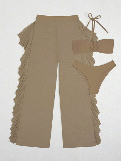 Women's 3-Piece Halter Bikini Set - Criss Cross, High Cut, Cover-Up Pants, White