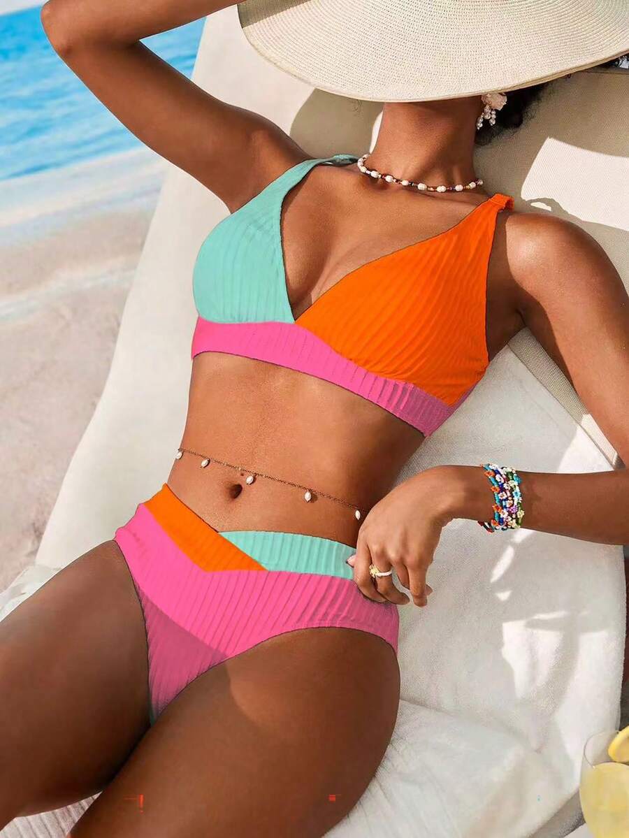 Women's V-Neck Textured Tankini Set - Ruched, Spaghetti Strap, High Waist, Multicolor