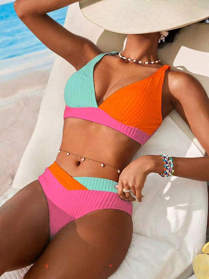 Swim Vcay Women V-Neck Textured Striped Bikini Set For Summer Beach Vacation