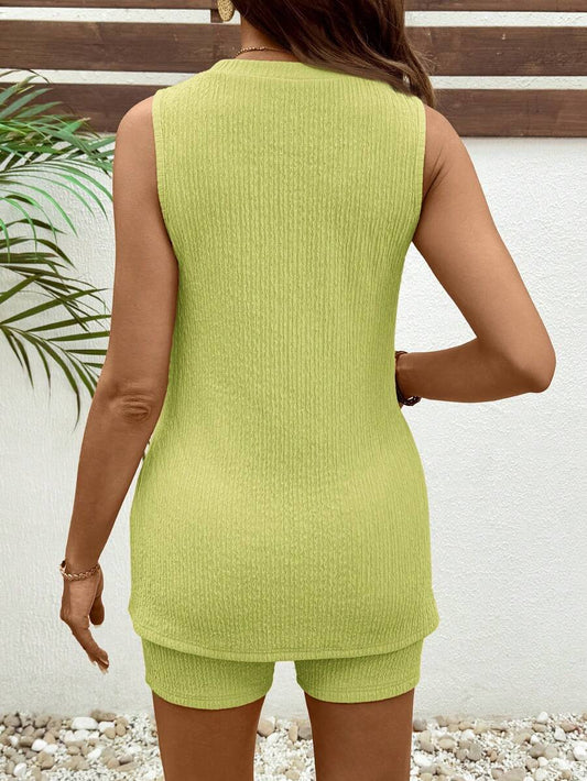 Yellow Jacquard Knit Maternity Lounge Set with Longline Round Neck Tank Top and Slim Fit Biker Shorts – Comfortable 2-Piece Summer Set