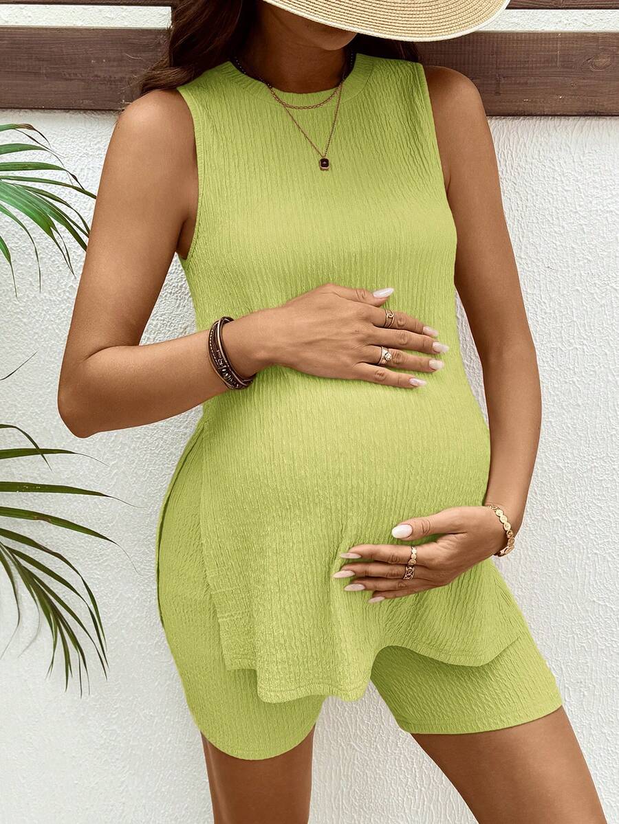 Yellow Textured Maternity Camisole and Biker Shorts Set - Ribbed Summer Vacation 2-Piece Lounge Set with Adjustable Waist