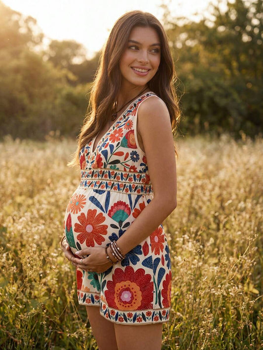 Multicolor Floral V-Neck Maternity Romper – Boho High Waist Ruched Sleeveless Short Jumpsuit for Summer Vacations and Resort Wear