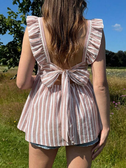 Khaki Striped Backless Tie-Up Ruffle Maternity Shirt - Boho Square Neck Cap Sleeve Peplum Top for Summer Beach Vacation