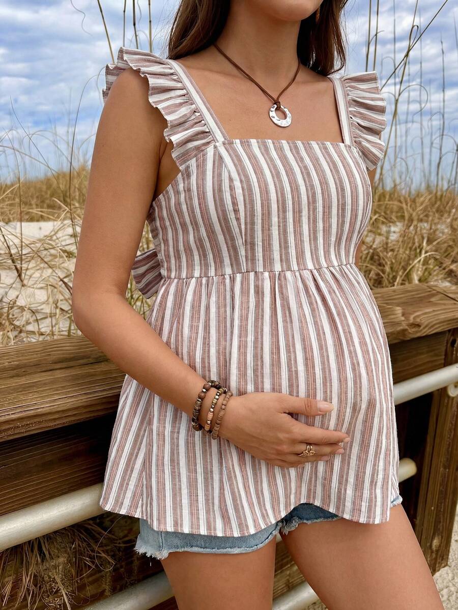 Khaki Striped Backless Tie-Up Ruffle Maternity Shirt - Boho Square Neck Cap Sleeve Peplum Top for Summer Beach Vacation