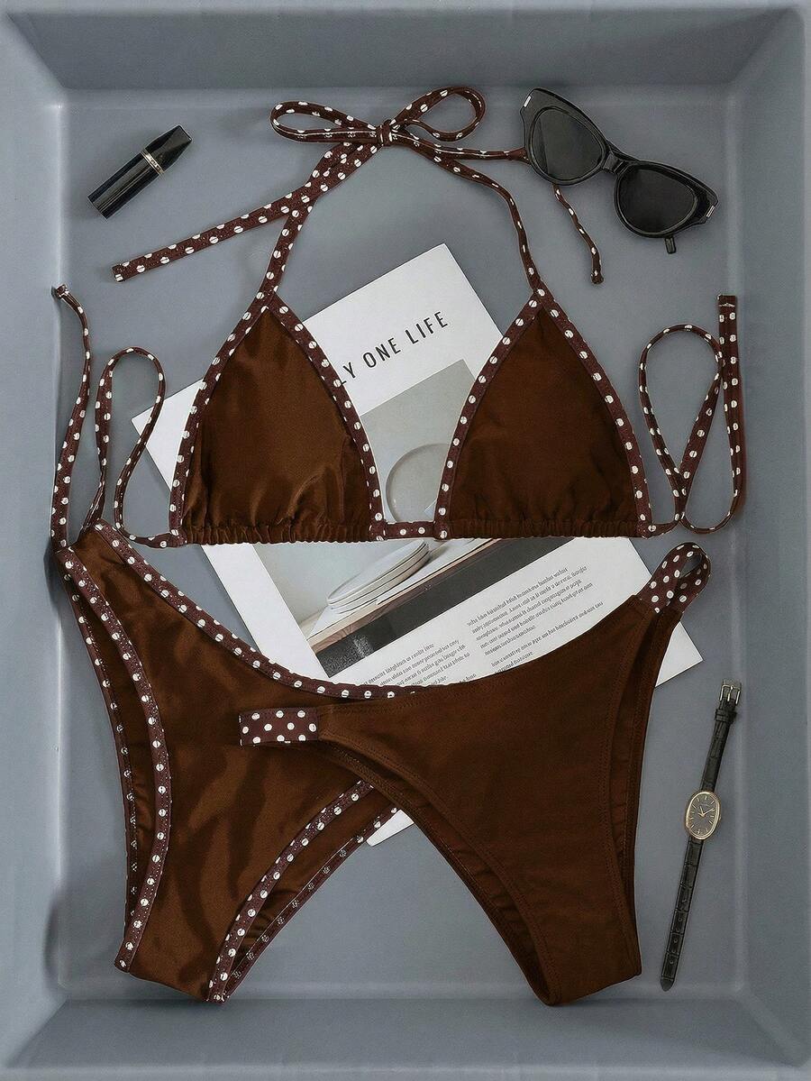 Swim Vcay Women's Swimwear Set, Fashionable Polka Dot Print Trim, Backless, Spaghetti Straps, Tie Waist, Triangle Swim Bottoms, Beach, Casual