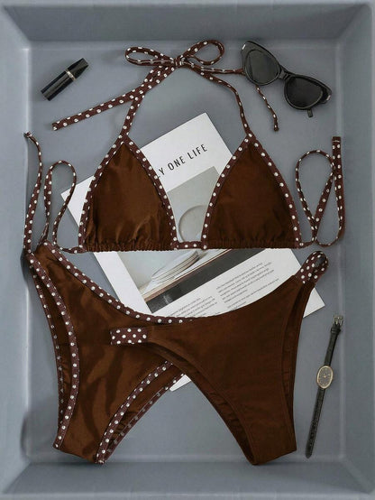 Swim Vcay Women's Swimwear Set, Fashionable Polka Dot Print Trim, Backless, Spaghetti Straps, Tie Waist, Triangle Swim Bottoms, Beach, Casual